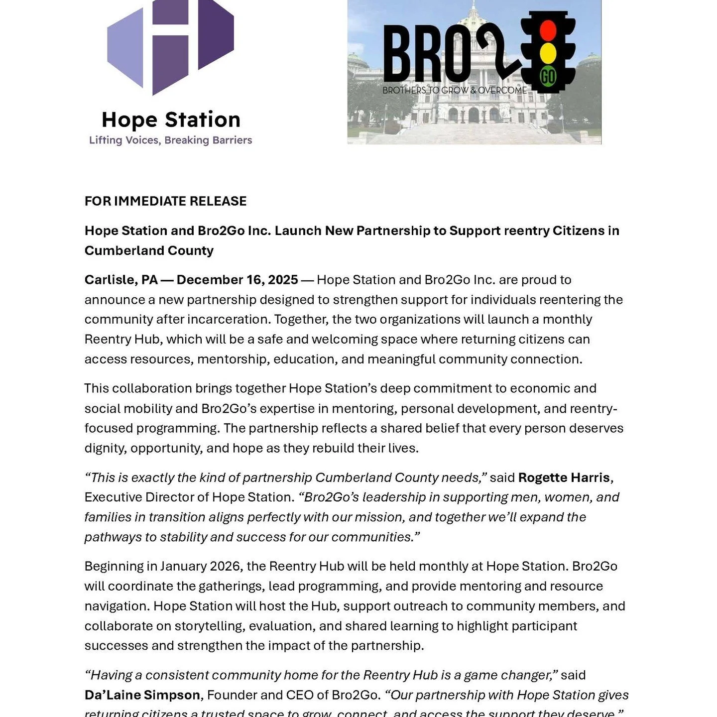We&rsquo;re proud to announce a new partnership between Hope Station and @bro2go717 Inc.!
Bro2Go Inc will be using Hope Station's building to launch a monthly Reentry Hub in Cumberland County beginning January 2026. The Reentry Hub will be a safe, we