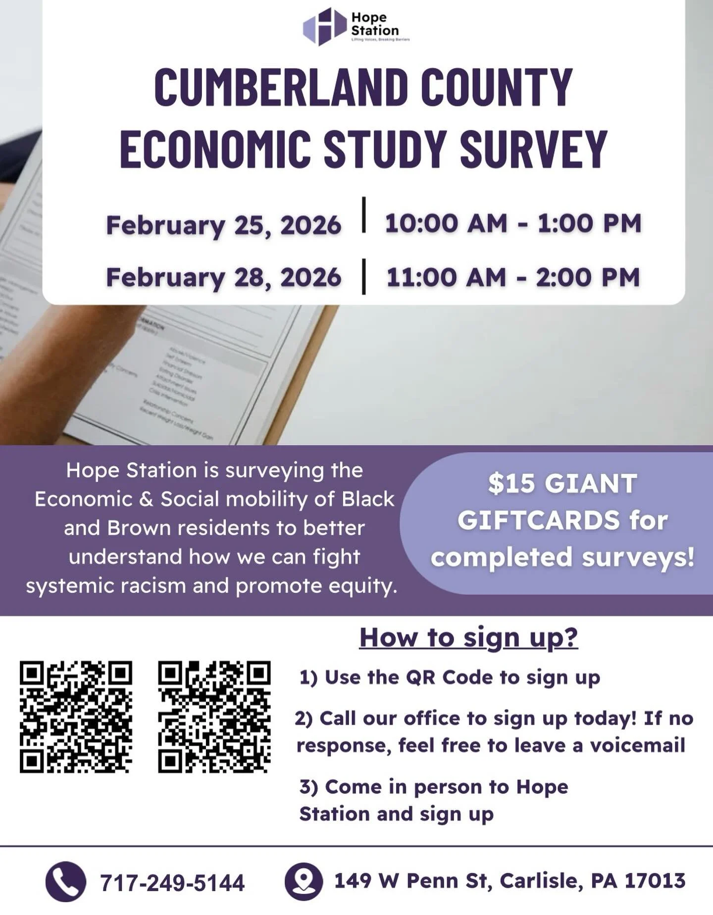 📊Economic &amp; Social Mobility Survey at Hope Station

Hope Station is surveying the economic &amp; social mobility of Black and Brown residents to better understand how we can fight systemic racism and promote equity. Your voice matters. Real stor