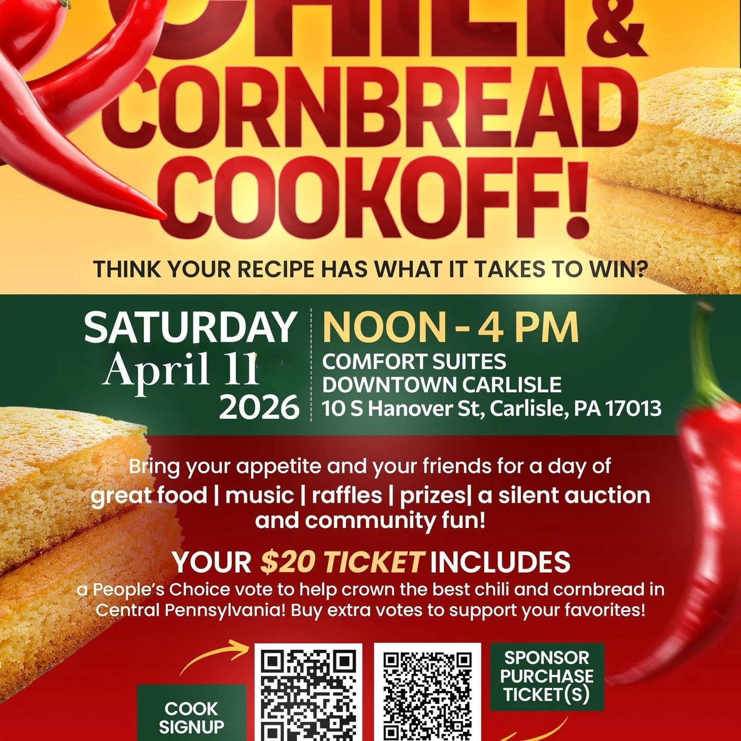 COOKS NEEDED!! Please sign up for our April 11th chili &amp; Cornbread Cookoff! You can register as a cook at https://forms.gle/du95ZwnQw3HujbCdA