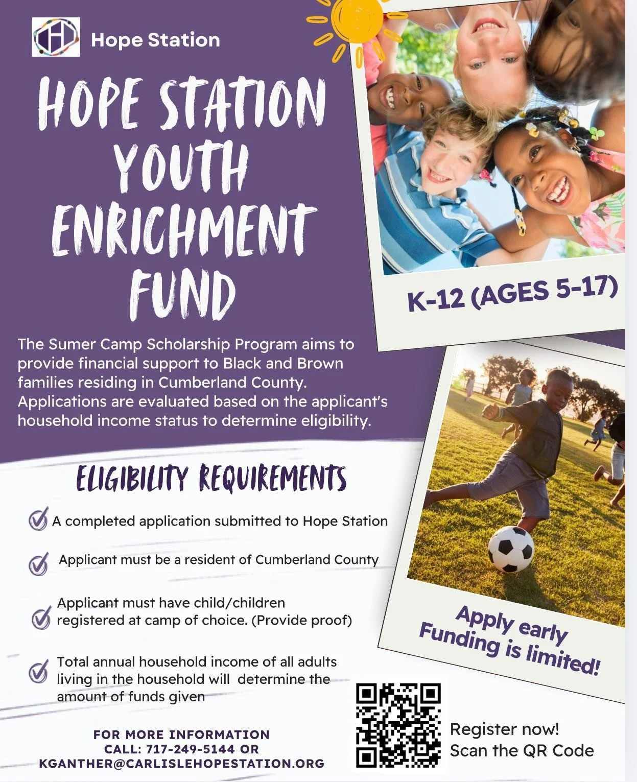 The Hope Station Youth Enrichment Fund is now accepting applications for our Summer Camp Scholarship Program through Hope Station! 

We are proud to support Black and Brown families residing in Cumberland County by providing financial assistance for 
