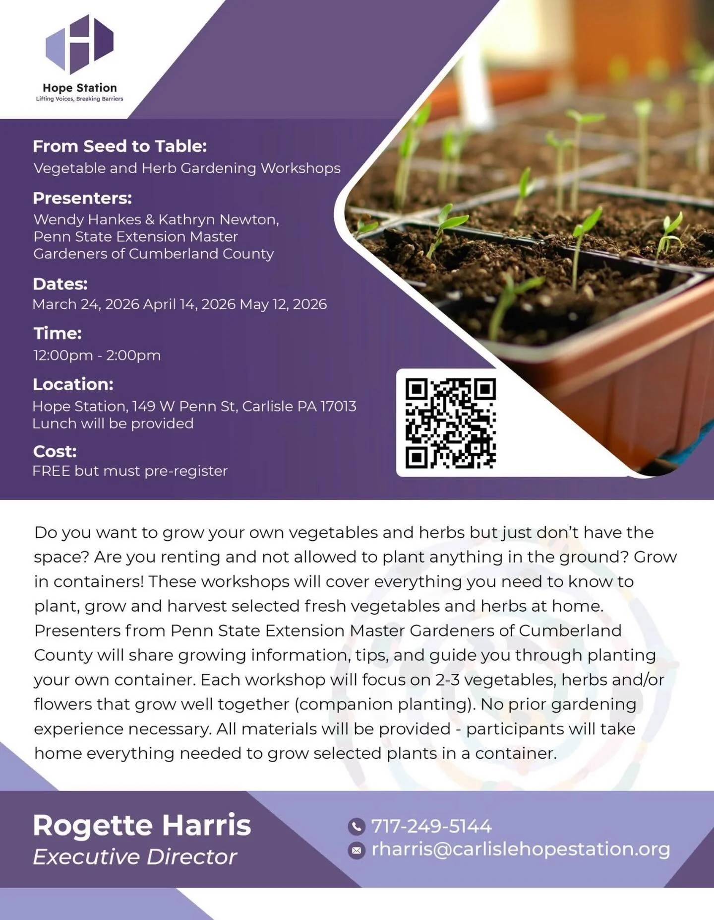 Ready to start your own garden this spring?☀️

Join us at Hope Station for a FREE 3-part gardening workshop series with Penn State Extension Master Gardeners Kathryn Newton and Wendy Hankes! Over the course of three sessions, you&rsquo;ll learn the b