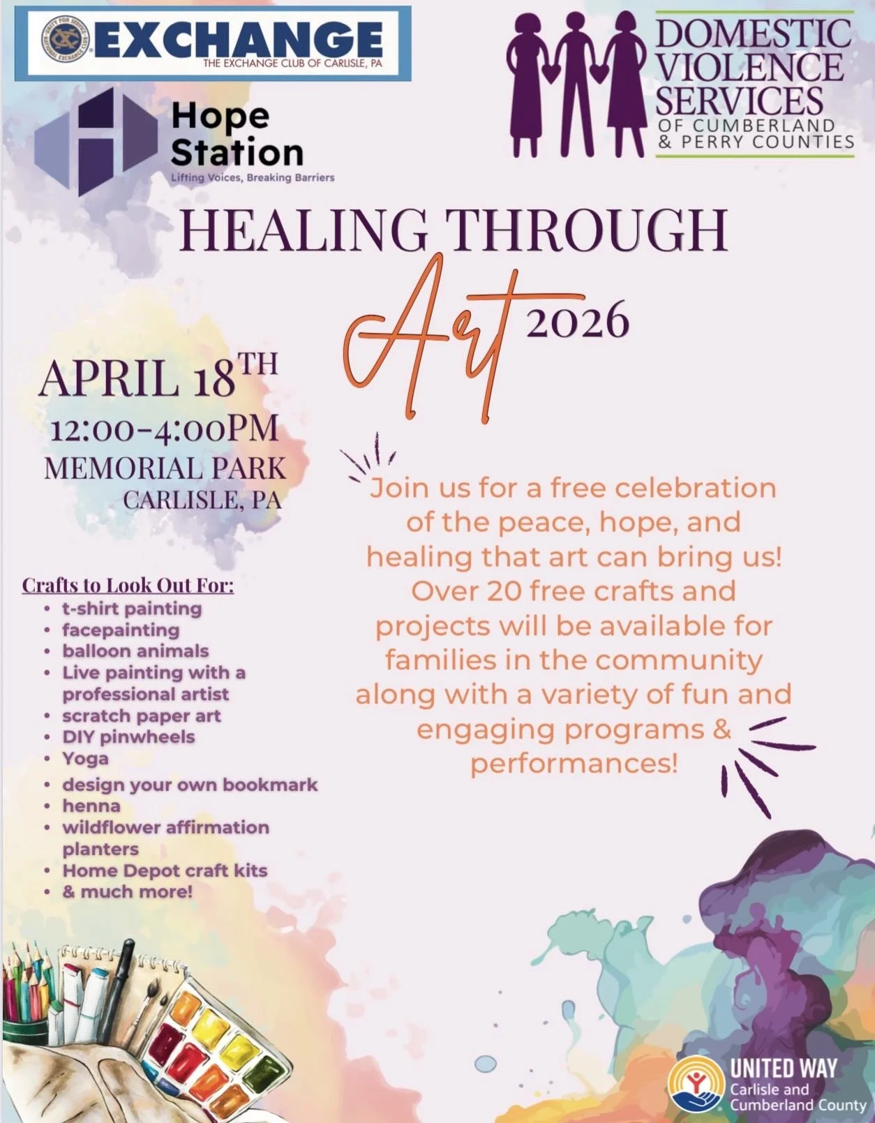 We are so excited to be part of DVSCP&rsquo;s 3rd Annual Healing Through Art event again this year! We are proud to be a co-sponsor and to support such a meaningful event.

Join us for a day of creativity, connection, and community! 

Date: Saturday,