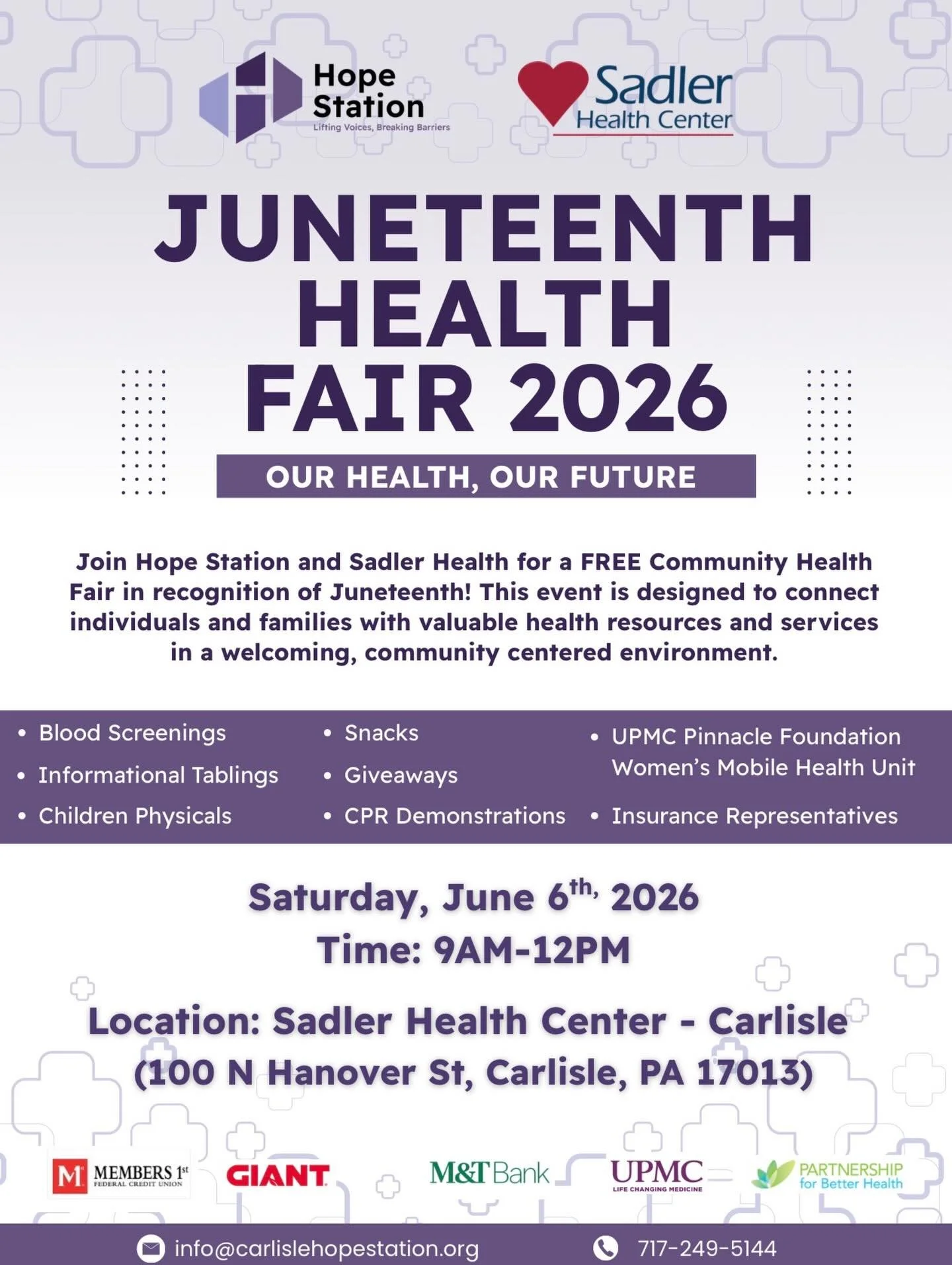 With June right around the corner, Hope Station is excited to begin announcing our upcoming events in honor of Juneteenth! 

We&rsquo;re kicking June off with a FREE Community Health Fair in partnership with Sadler Health Center (Carlisle)! 

Join us