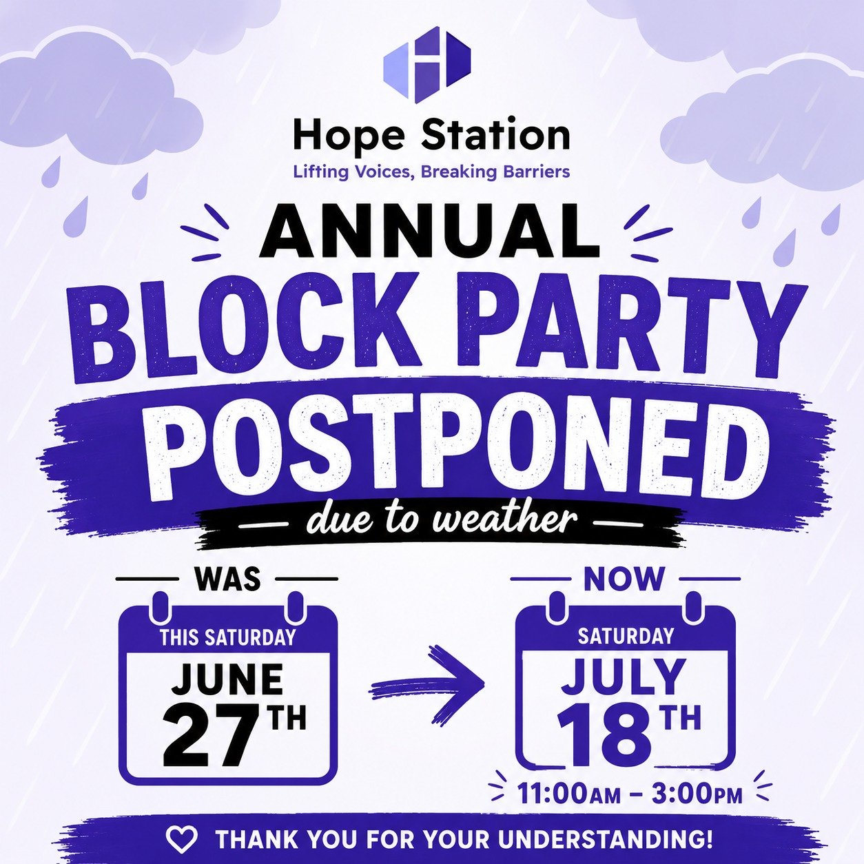 Due to the forecasted weather, Hope Station's Annual Juneteenth Block Party has been POSTPONED to July 18th.

The safety of our families, volunteers, vendors, and community is our top priority. While we're disappointed that Mother Nature had other pl