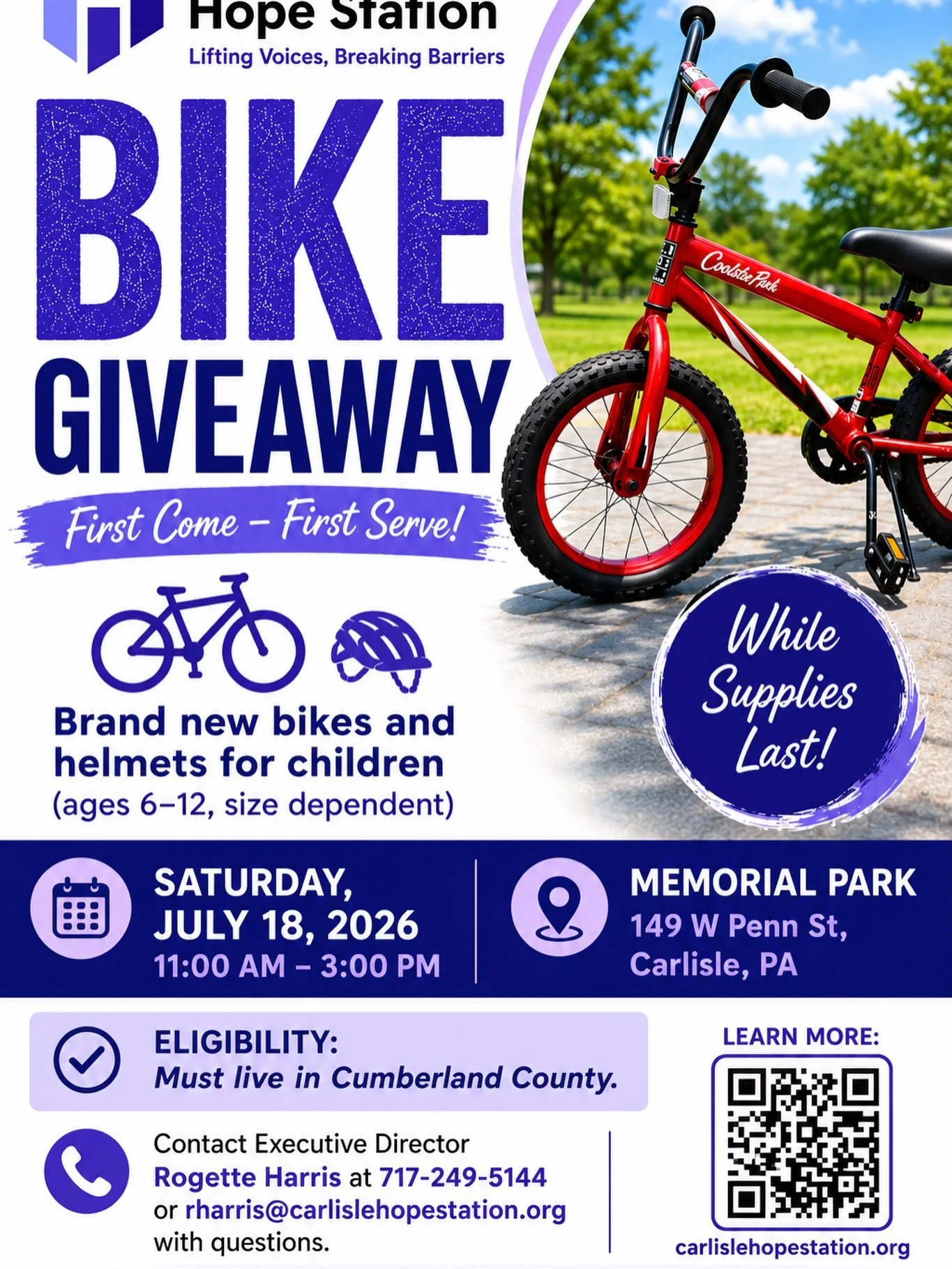 🚲 **FREE Bike Giveaway!** 🚲

Every child deserves the joy and freedom of riding a bike! Join us on Saturday, July 18, for our FREE Bike Giveaway during our Annual Block Party.

✅ Brand-new bikes and helmets available for children **ages 6&ndash;12*