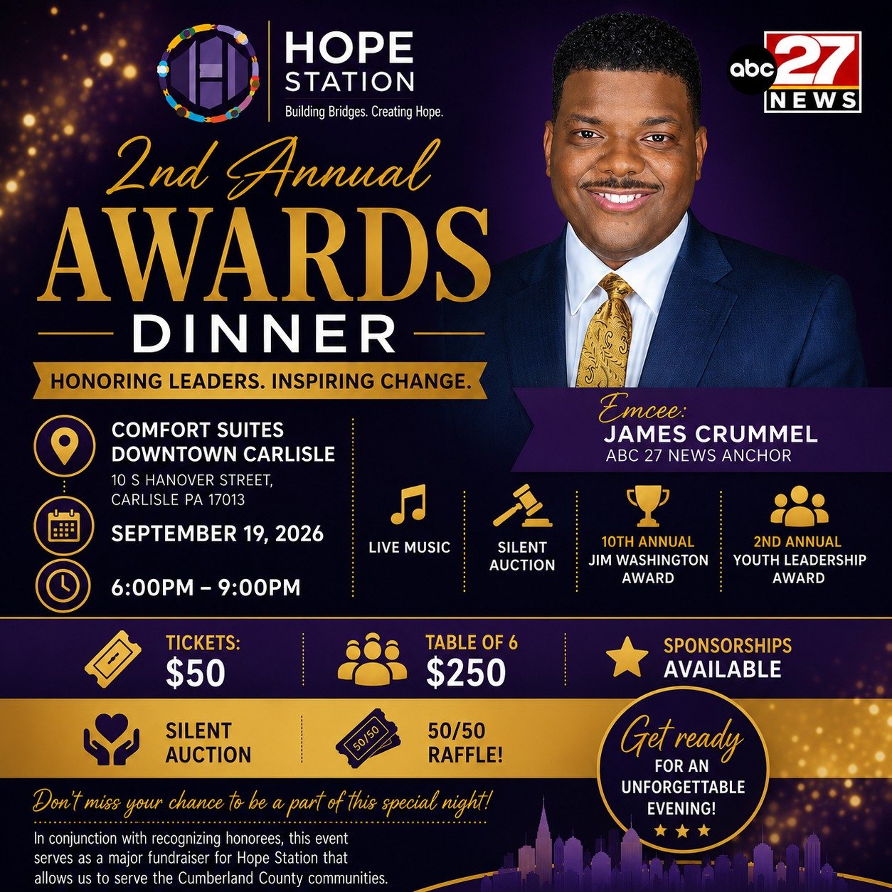 Hope Station's 2nd Annual Awards Dinner will be an evening of inspiration, recognition, and impact as we honor exceptional leaders while raising critical funds to support our programs throughout Cumberland County.

This special evening will feature t