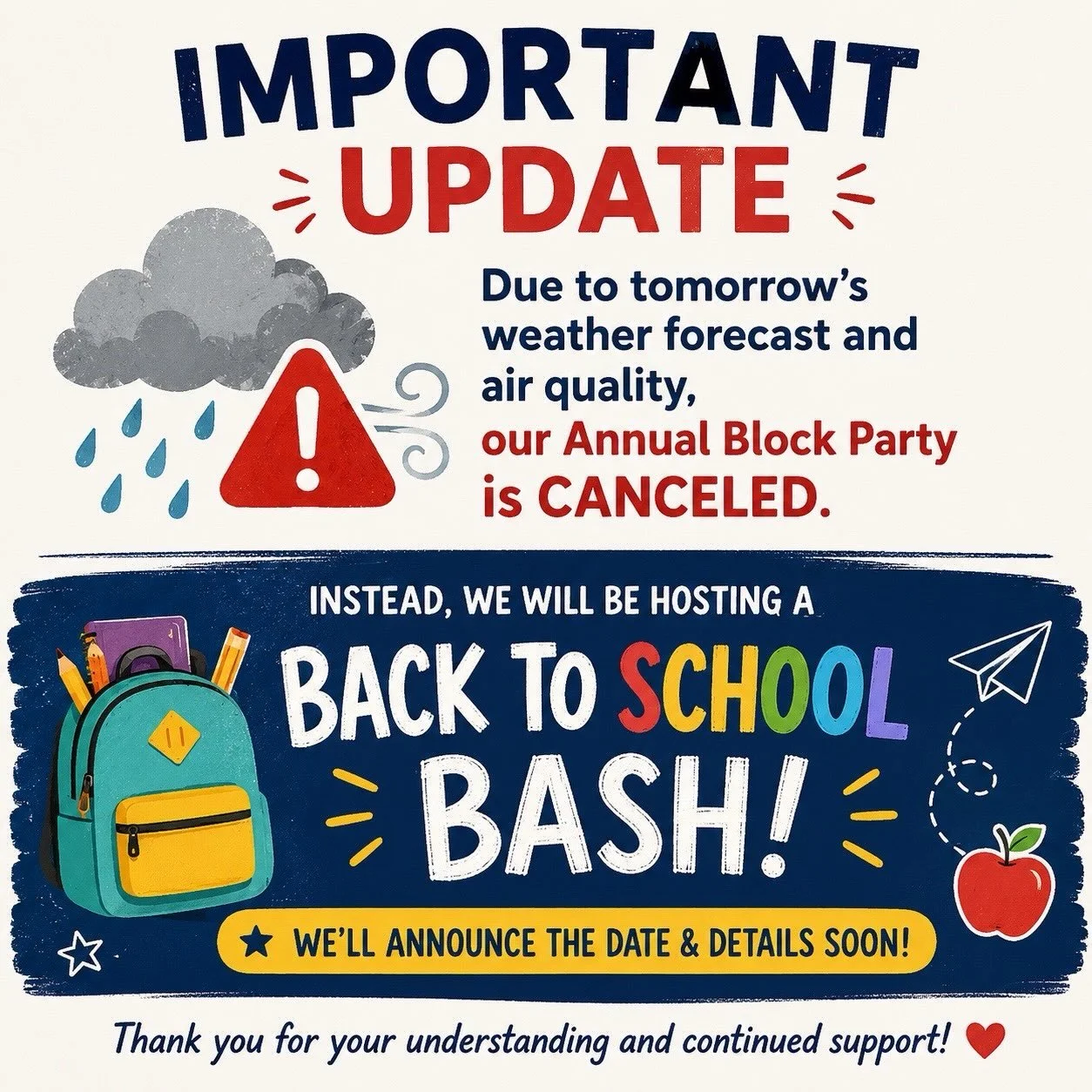 Unfortunately, due to tomorrow&rsquo;s weather forecast and concerns about air quality, we have made the difficult decision to cancel Hope Station&rsquo;s Annual Block Party.

While we&rsquo;re disappointed, the safety of our community, volunteers, v
