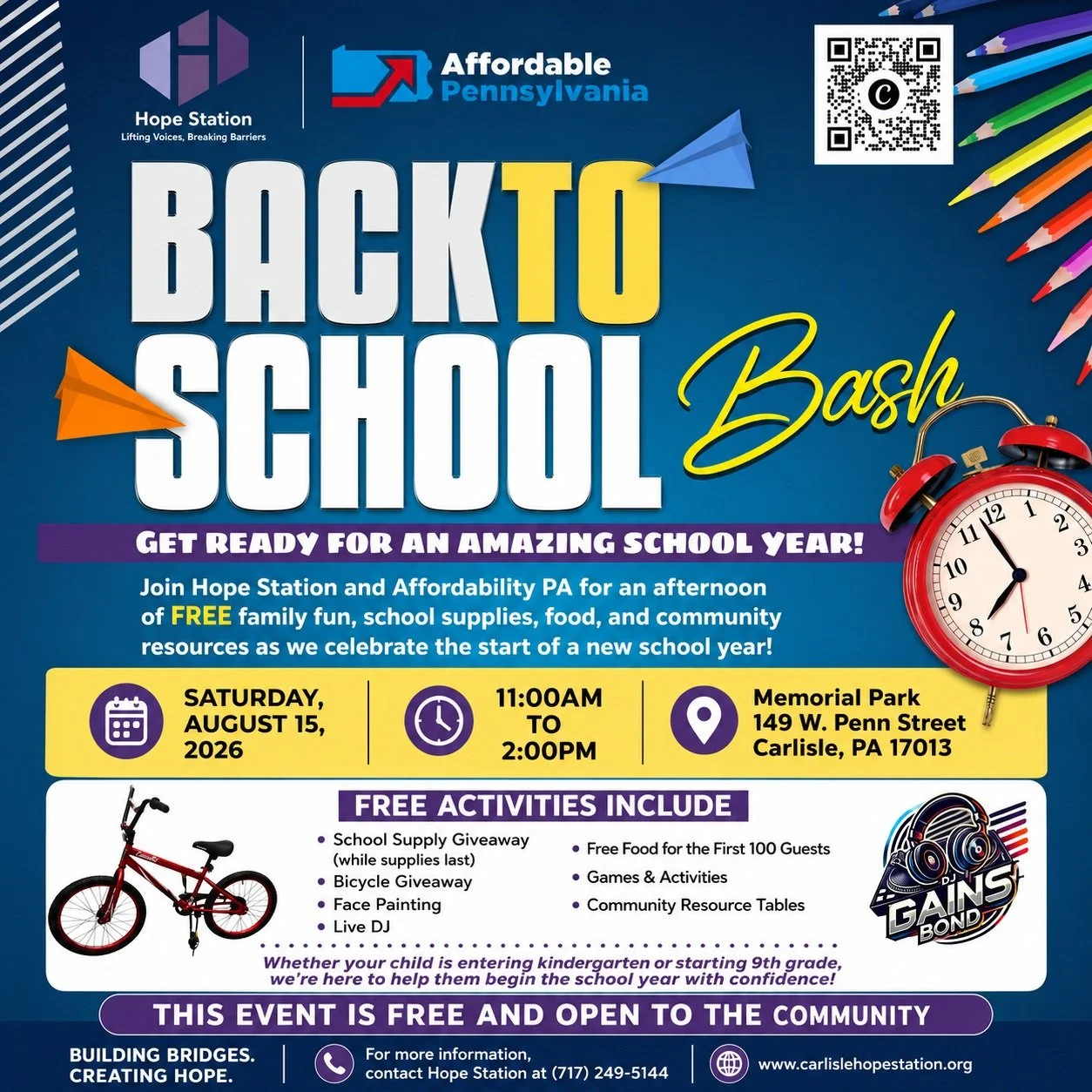 Get ready for a fun-filled afternoon as Hope Station and Affordable Pennsylvania come together to help families kick off the new school year! Join us for our FREE Back to School Bash, featuring school supply giveaways (while supplies last), a bicycle