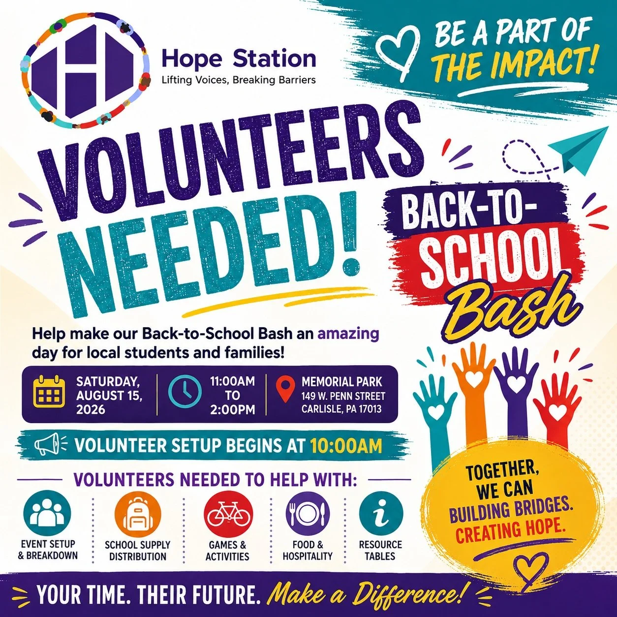 Volunteers needed for Saturday's Back-to-School Bash! Please email us at rharris@carlislehopestation.org or call 717-249-5144 if you can help. Set up begins at 10am and the event is from 11am - 2pm. Even if you cannot stay the entire time, that is ok