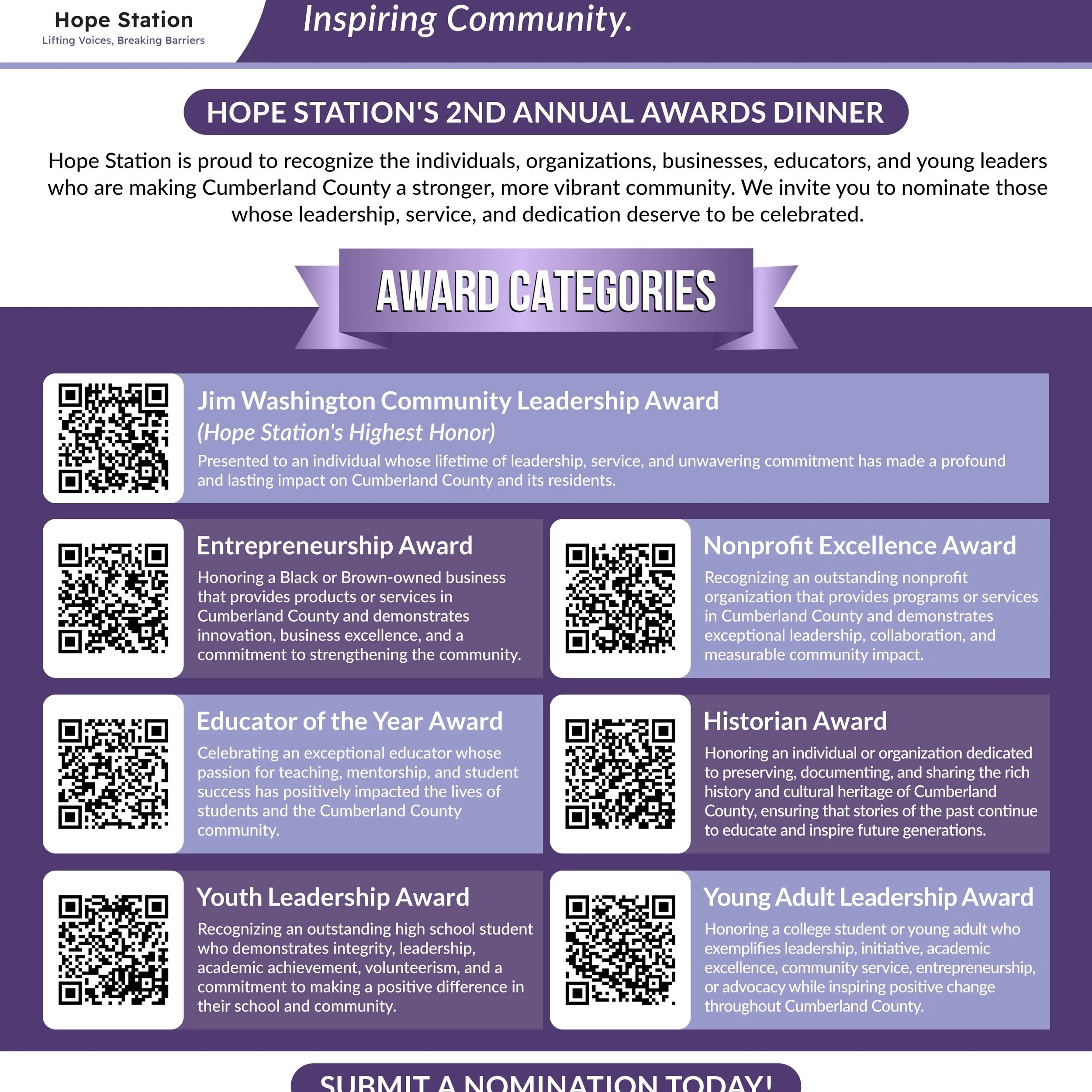 Know someone who deserves to be recognized?

Nominations are NOW OPEN for Hope Station&rsquo;s 2nd Annual Awards Dinner!

Help us recognize the individuals, organizations, businesses, educators, and young leaders making a difference throughout Cumber
