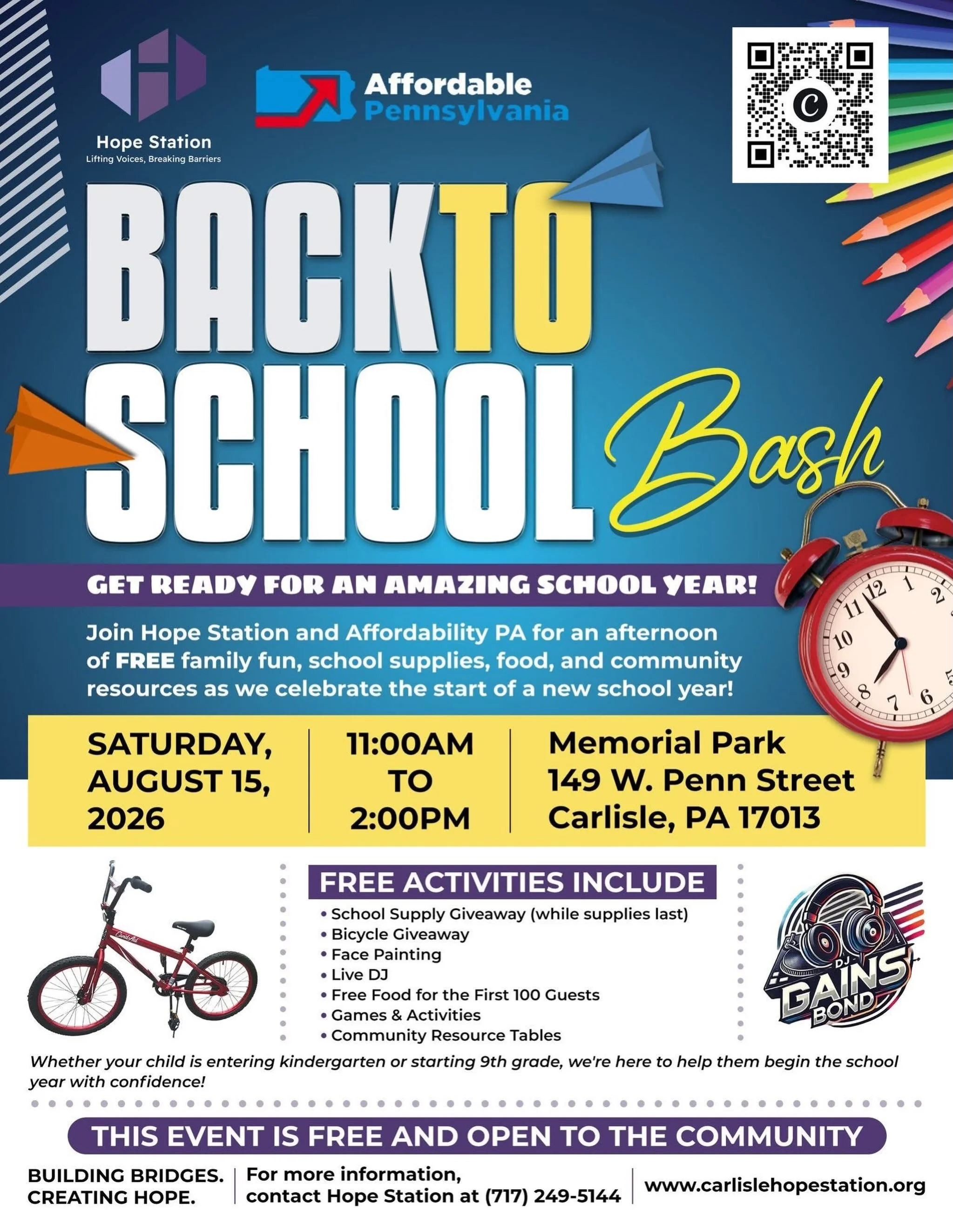 Tomorrow is the day! Join Hope Station and Affordability PA for our FREE Back to School Bash! We&rsquo;ll have school supplies (while supplies last), bicycle giveaways, a live DJ, FREE food for the first 100 guests, games, activities, and community r