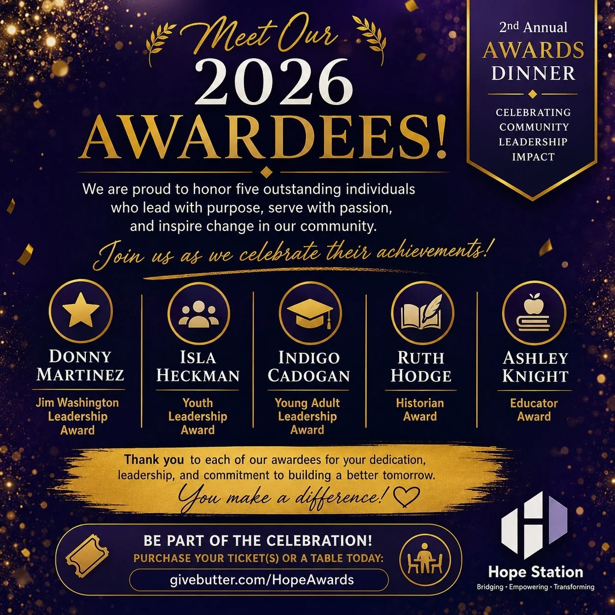 Hope Station is proud to announce our 2026 Committee Awardees! These remarkable individuals represent the leadership, service, dedication, and commitment to community that we are honored to celebrate on September 19th at our 2nd Awards Ceremony.
We i