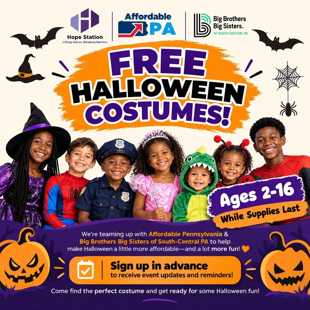 Halloween costumes can get expensive &amp; we don&rsquo;t want any child to miss out on the fun! 🧡👻

Hope Station is teaming up with Affordable Pennsylvania &amp; Big Brothers Big Sisters of South-Central PA to give away FREE Halloween costumes for