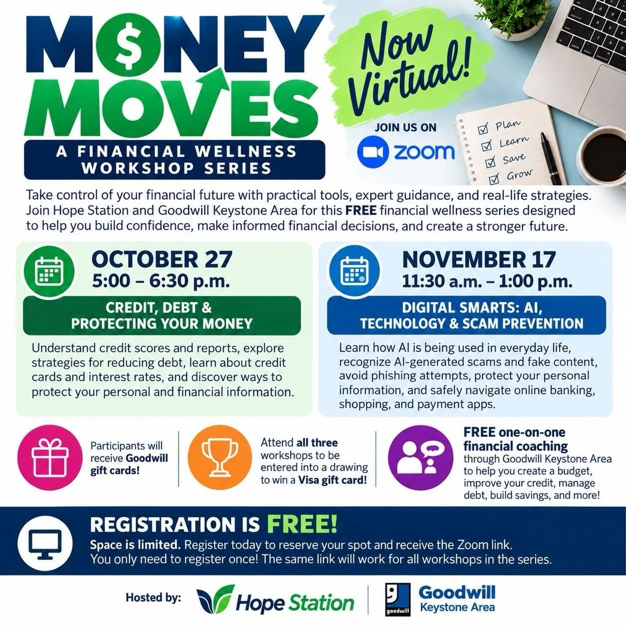 Ready to take control of your finances? Join Hope Station and Goodwill Keystone Area for a FREE Zoom workshop on credit, debt management, and protecting your money!

🎁 Gift card incentives and FREE financial coaching available!

Register today!
http
