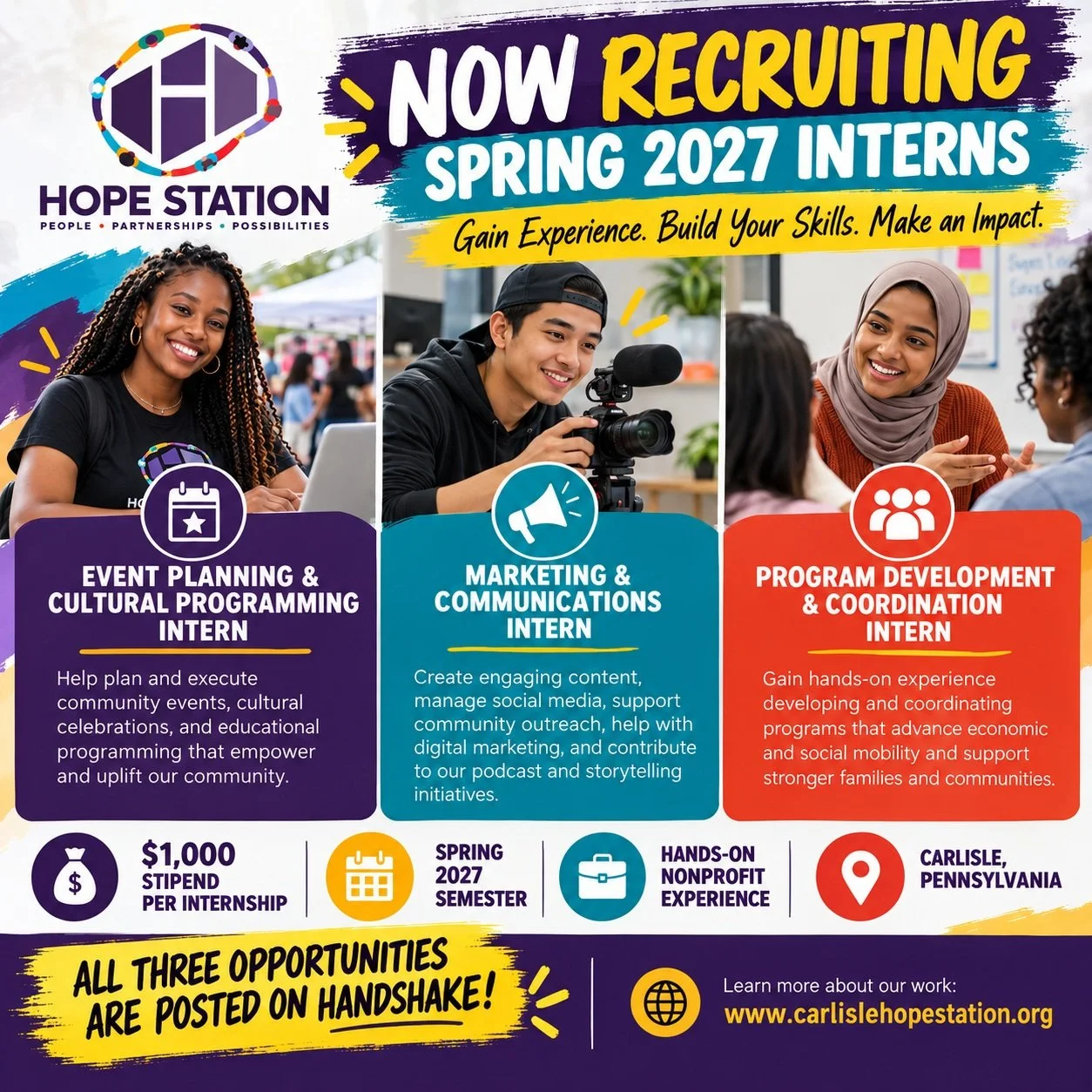 Hope Station is recruiting paid interns for Spring 2027!

We're looking for creative, motivated students to join our team in these exciting roles:

🎭 **Event Planning &amp; Cultural Programming**
Help bring cultural celebrations, community events, a