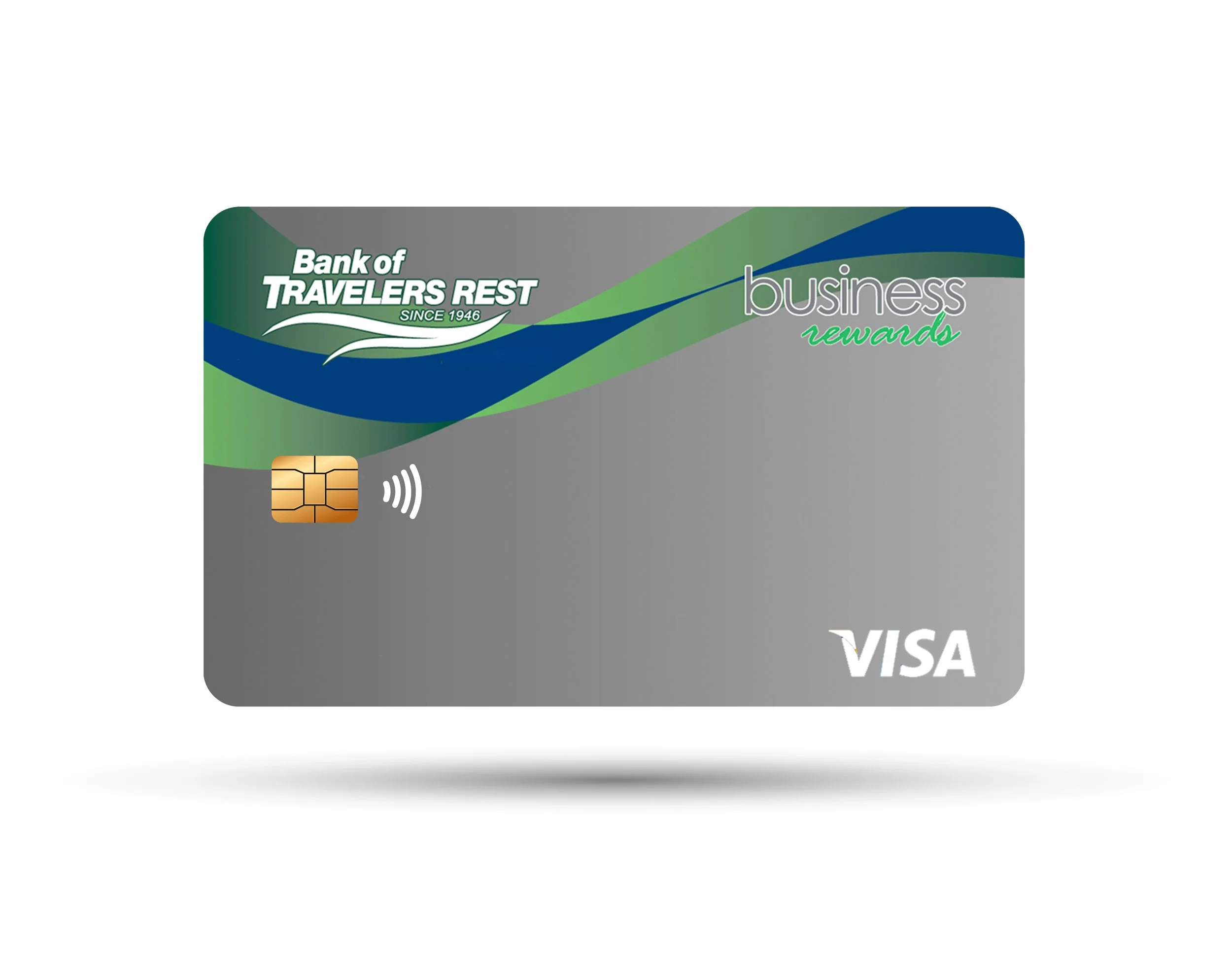 Image of a gray Visa credit card with blue and green accents.  The card is branded for Bank of Travelers Rest Visa Business Rewards Credit Card.