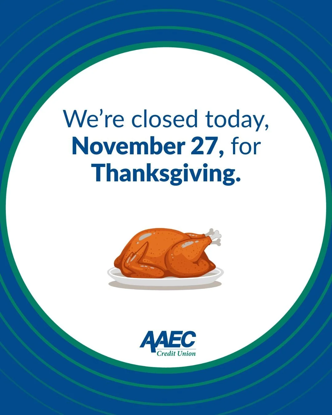 Happy Thanksgiving from all of us at AAEC Credit Union! 🍁✨

Today, we&rsquo;re especially thankful for our incredible members who&rsquo;ve made these 70 years so meaningful. 🧡 Your trust, loyalty, and community spirit inspire everything we do. 

🥧