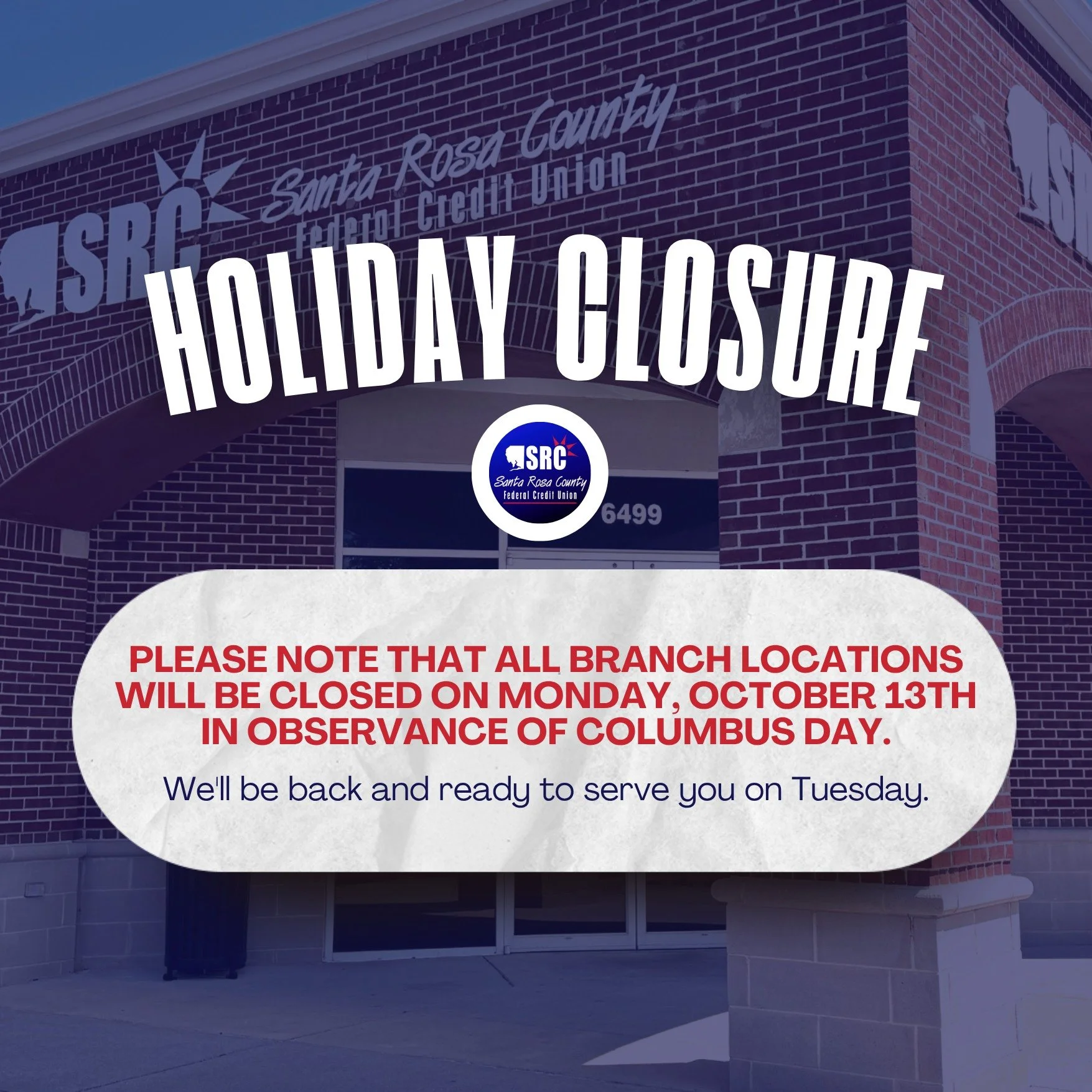 Our branches will be closed Monday, October 13th in observance of Columbus Day, but your accounts are always open online!
Access your funds anytime through Online Banking or our Mobile App.