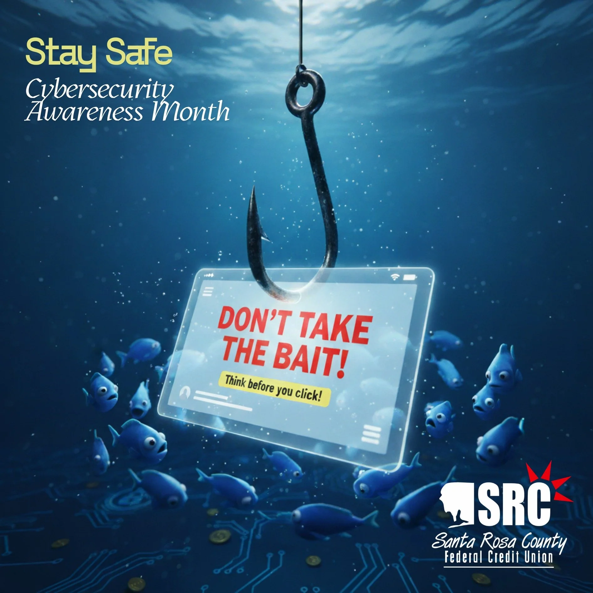 🚫 Don&rsquo;t let a scammer reel you in!
Phishing emails and texts can look real&mdash;but small clues can give them away.

🕵️&zwj;♀️ Watch for strange links, misspellings, or messages that feel urgent.
When in doubt, call us at 850-623-3877 before