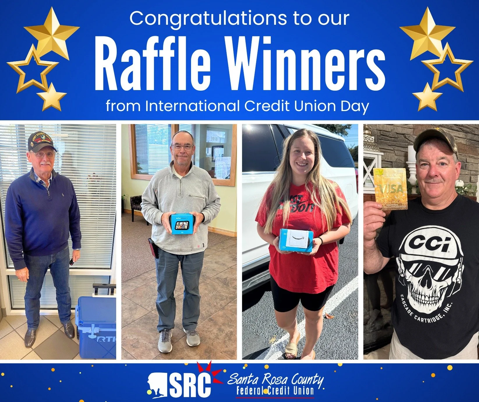 🎉 Congratulations to our Credit Union Day raffle winners! 🎉

We loved celebrating the day with our members and giving back to the people who make Santa Rosa County FCU so special. 💙

A big shout-out to our lucky winners who took home some fun priz