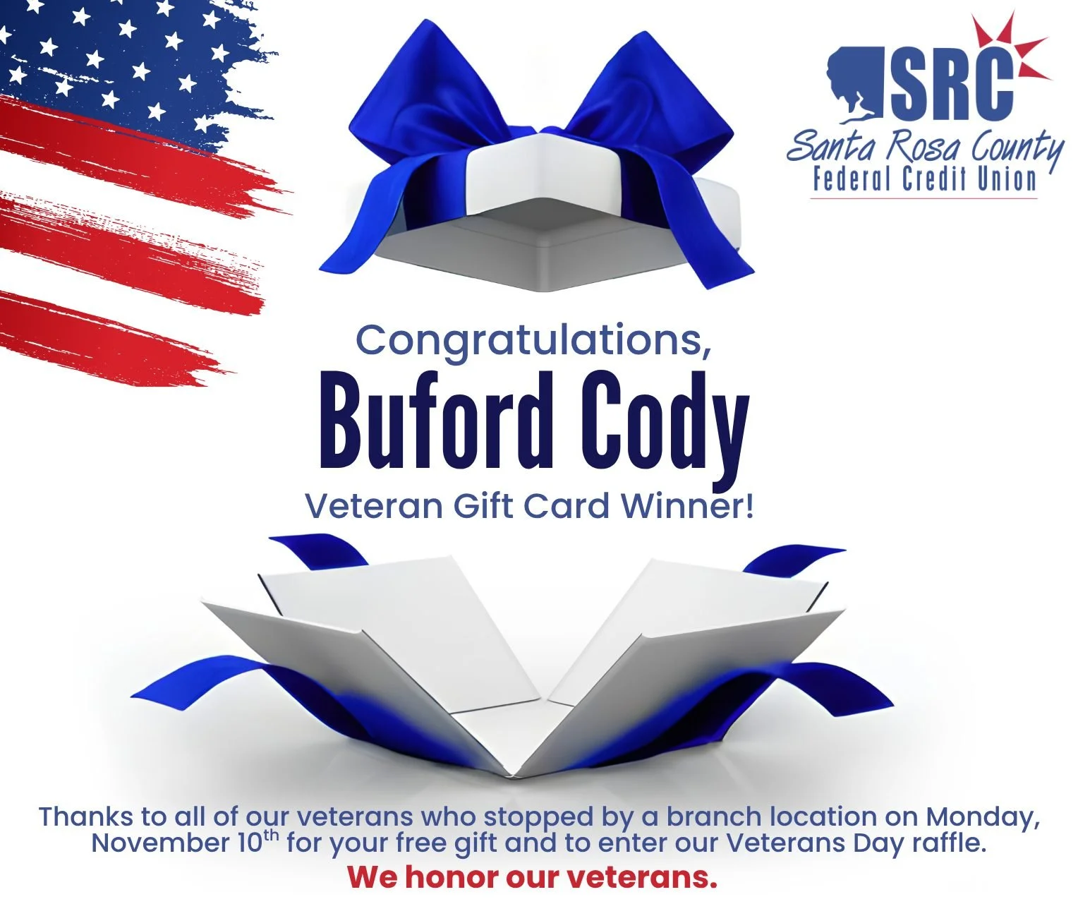 👏 Shoutout to Buford Cody, our Veterans Day raffle winner! He&rsquo;s treating himself to a $50 gift card to his favorite local restaurant, Sonny&rsquo;s BBQ &ndash; well deserved! 

To all the veterans who stopped by our branches on Nov. 10th and t