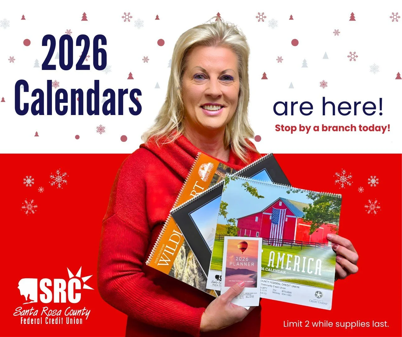 🎉 The 2026 wall calendars and planners are here! Stop by any branch to grab your free copy and start planning for an amazing year ahead. Limit 2 per member, while supplies last!