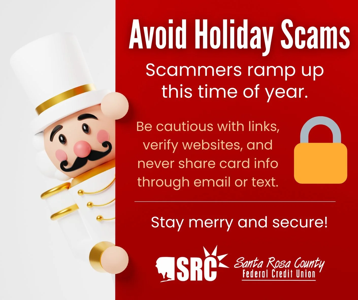 🎄 Scammers love the holidays&hellip; but they don&rsquo;t love getting caught.
Protect yourself by verifying websites, avoiding suspicious links, and never sharing your card information through text or email.
A little caution goes a long way this se
