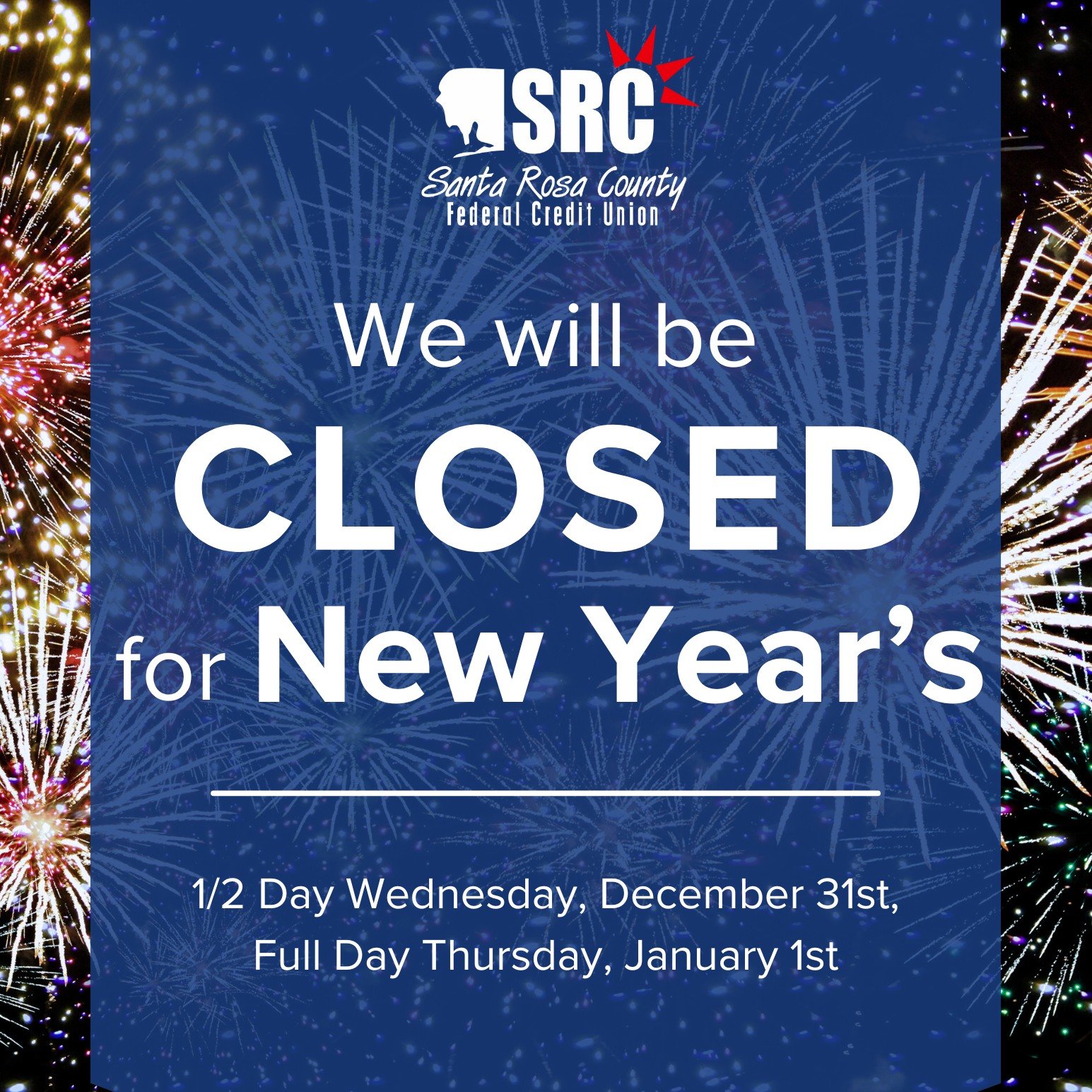 ⏰ The countdown is on!
We&rsquo;ll be closing early at noon on Wednesday, December 31st and all day on Thursday, January 1st to welcome in the New Year.
🎆 Don&rsquo;t worry&mdash;online and mobile banking never take a holiday!