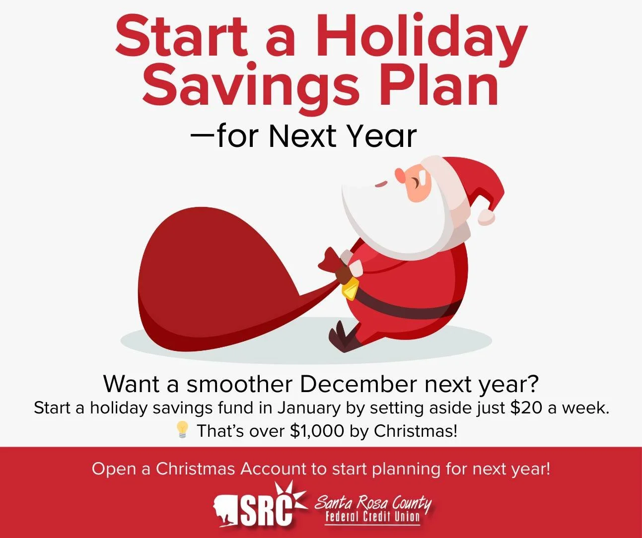 🎁🎄 Want a smoother December next year? 🎄🎁
Start a holiday savings fund in January by setting aside just 💵 $20 a week. That adds up to over $1,000 by Christmas!

🎄✨ Open a Christmas Account today and start planning now for a stress-free holiday 