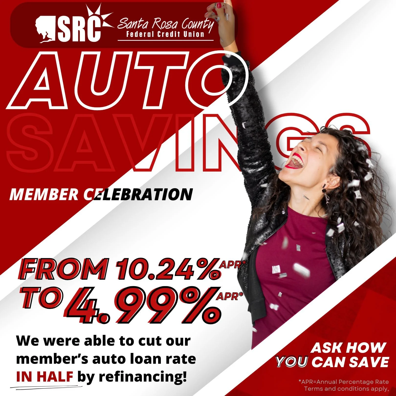 Saving money feels good&hellip; saving THIS MUCH feels even better!
Christina at our Milton Branch helped a member drop their auto loan rate from 10.24% APR* to 4.99% APR* by refinancing with SRCFCU. Talk about a major win! 🙌

Curious what we could 