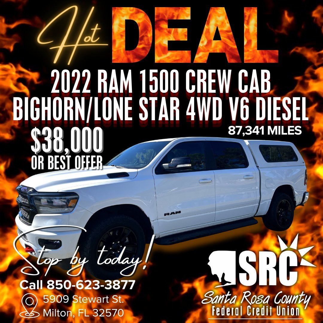 🔥Take advantage of this HOT DEAL! 🔥👇
🔥2022 RAM 1500 CREW CAB BIGHORN/LONE STAR 4WD V6 DIESEL | $38,000 Or Best Offer | 87,341 Miles
Details: Automatic Climate Control, Rear Parking Sensor, Aluminum/Alloy Wheels, Bed Liner, Fixed Running Boards, P