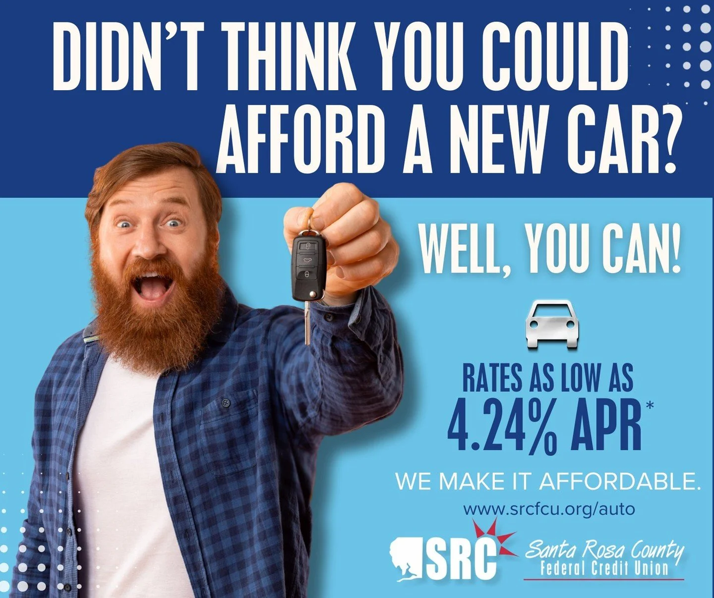 Think a new car is out of reach? Think again. 👀
With auto loan rates as low as 4.24% APR*, your next ride might be closer than you think.

👉 Start here: http://www.srcfcu.org/auto

#SRCFCU #AutoLoans #NewCarFeels #WeMakeItAffordable