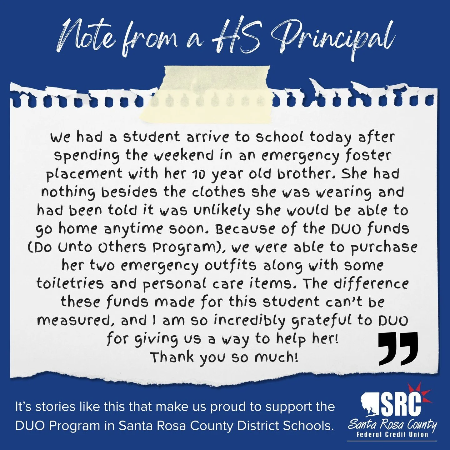 Some stories stay with you. ❤️

Recently, a local high school principal shared how the Do Unto Others Program helped a student in a moment of real need.

That&rsquo;s why DUO exists &mdash; to meet urgent needs, show compassion, and remind students t