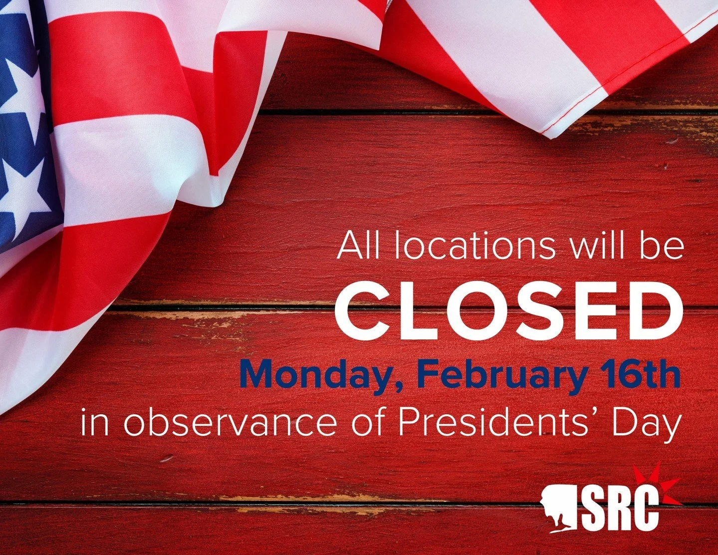 In honor of Presidents' Day, all of our branches will be closed on Monday, February 16. You can still manage your money anytime, anywhere by logging into Online Banking on our mobile app or website: http://www.srcfcu.org.