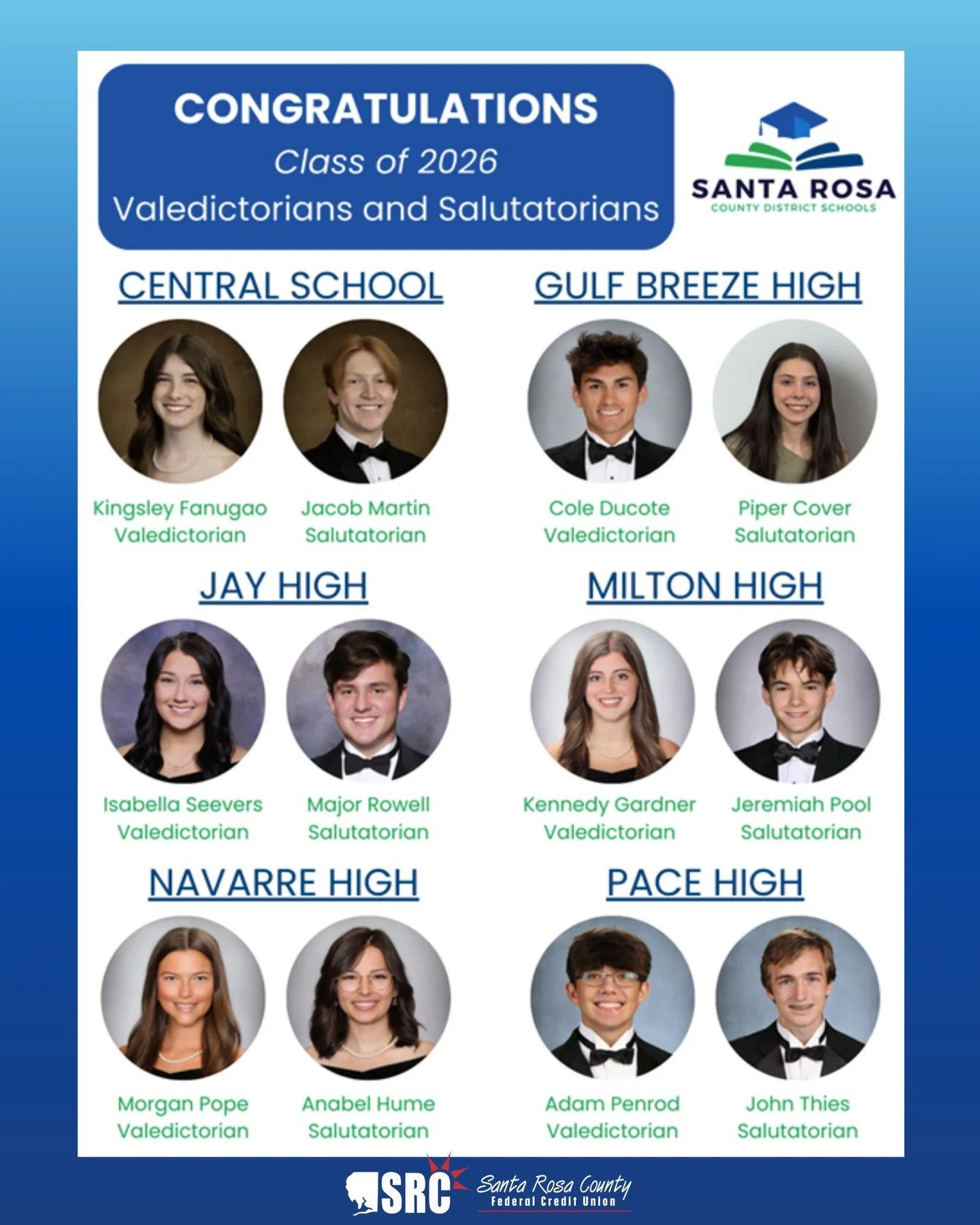 Please join us in celebrating the Class of 2026 Valedictorians and Salutatorians from Santa Rosa County high schools! 🎉

Your commitment to excellence has paid off &mdash; and our entire community is cheering you on. Congratulations on this incredib