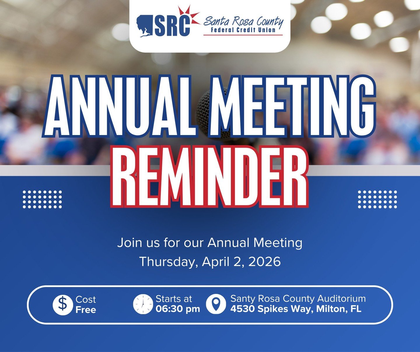 Tomorrow&rsquo;s the day! 🎉

Join us for the SRCFCU 2026 Annual Meeting as we gather with our credit union community to recap a successful 2025.

Plus, attendees can enjoy freebies and giveaways!

📅 Thursday, April 2
⏰ 6:30 PM
📍 Santa Rosa County 