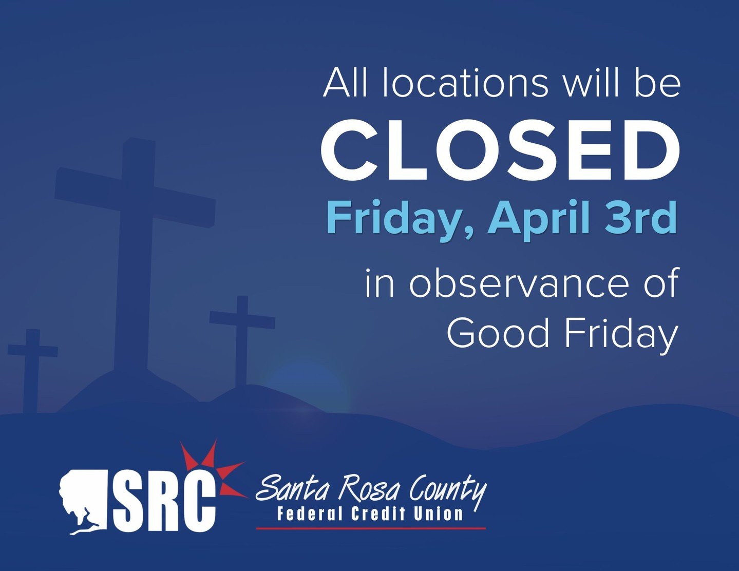 In honor of Good Friday, all of our branch locations will be closed on Friday, April 3rd. Members can still manage your money 24/7 by logging into Online Banking on our website or mobile app.
