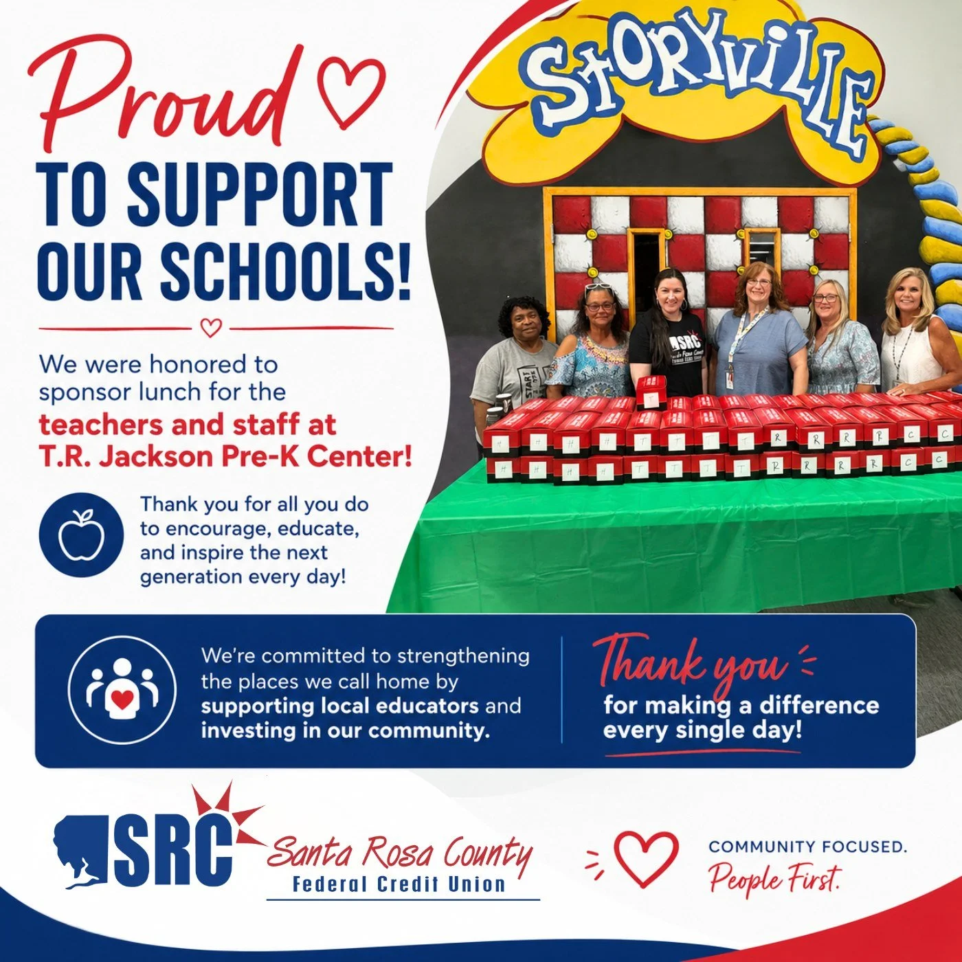At Santa Rosa County Federal Credit Union, community comes first. ❤️

We loved having the opportunity to sponsor lunch for the wonderful teachers and staff at T.R. Jackson Pre-K Center! Their dedication, patience, and care make such a difference in t