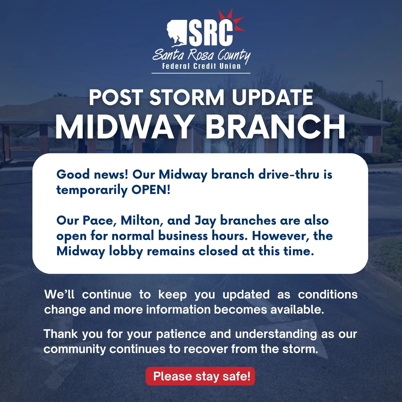 We&rsquo;re continuing to work toward a full return to normal operations following the storm. ❤️💙

Our Midway drive-thru is temporarily open to serve you, while the lobby remains closed. We&rsquo;ll share updates as soon as more information becomes 