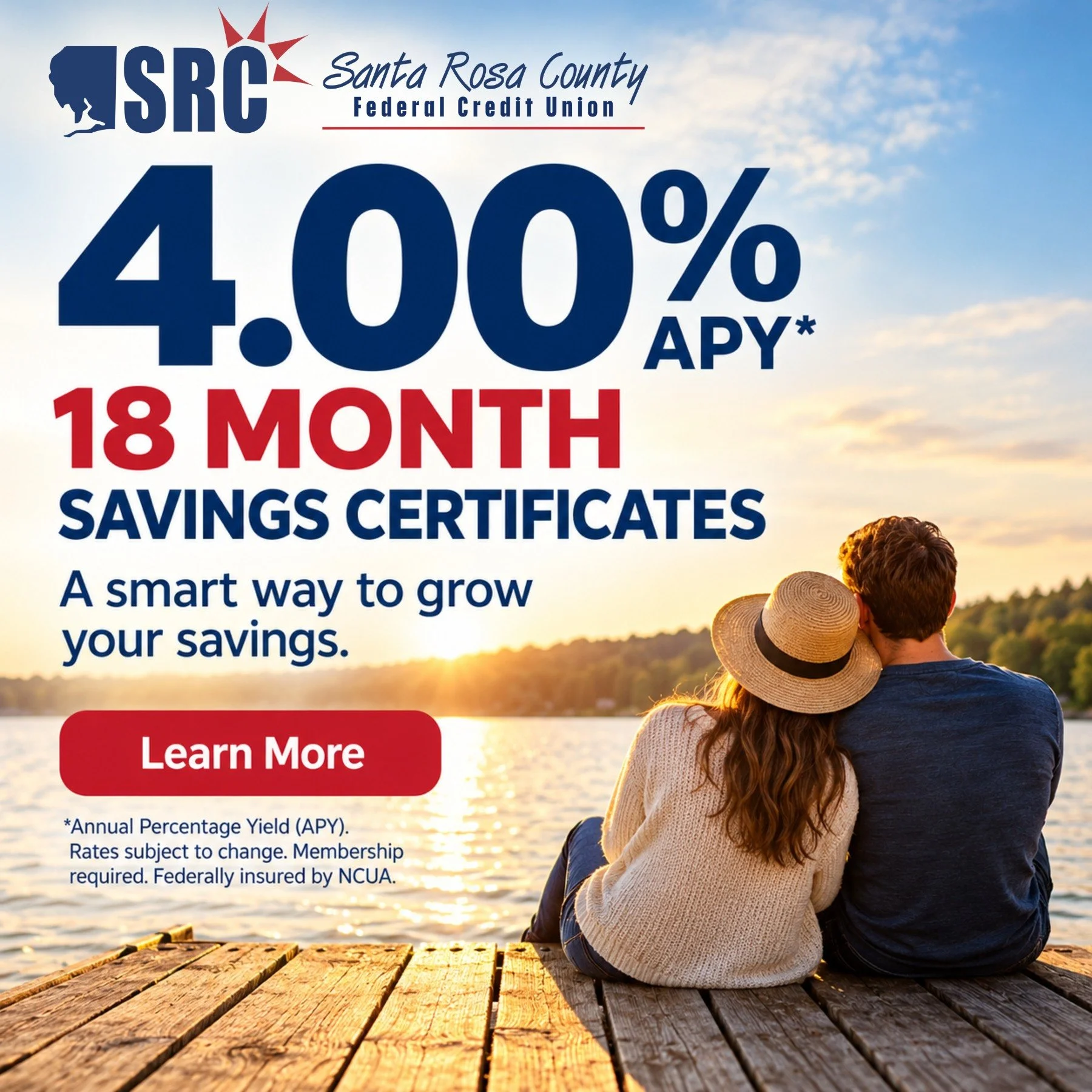 💰 Give your savings room to grow!

Earn 4.00% APY on an 18-Month Savings Certificate with SRCFCU! 🌱

Whether you're saving for a future goal or simply want to make the most of your money, we're here to help you grow your savings.

Open yours online
