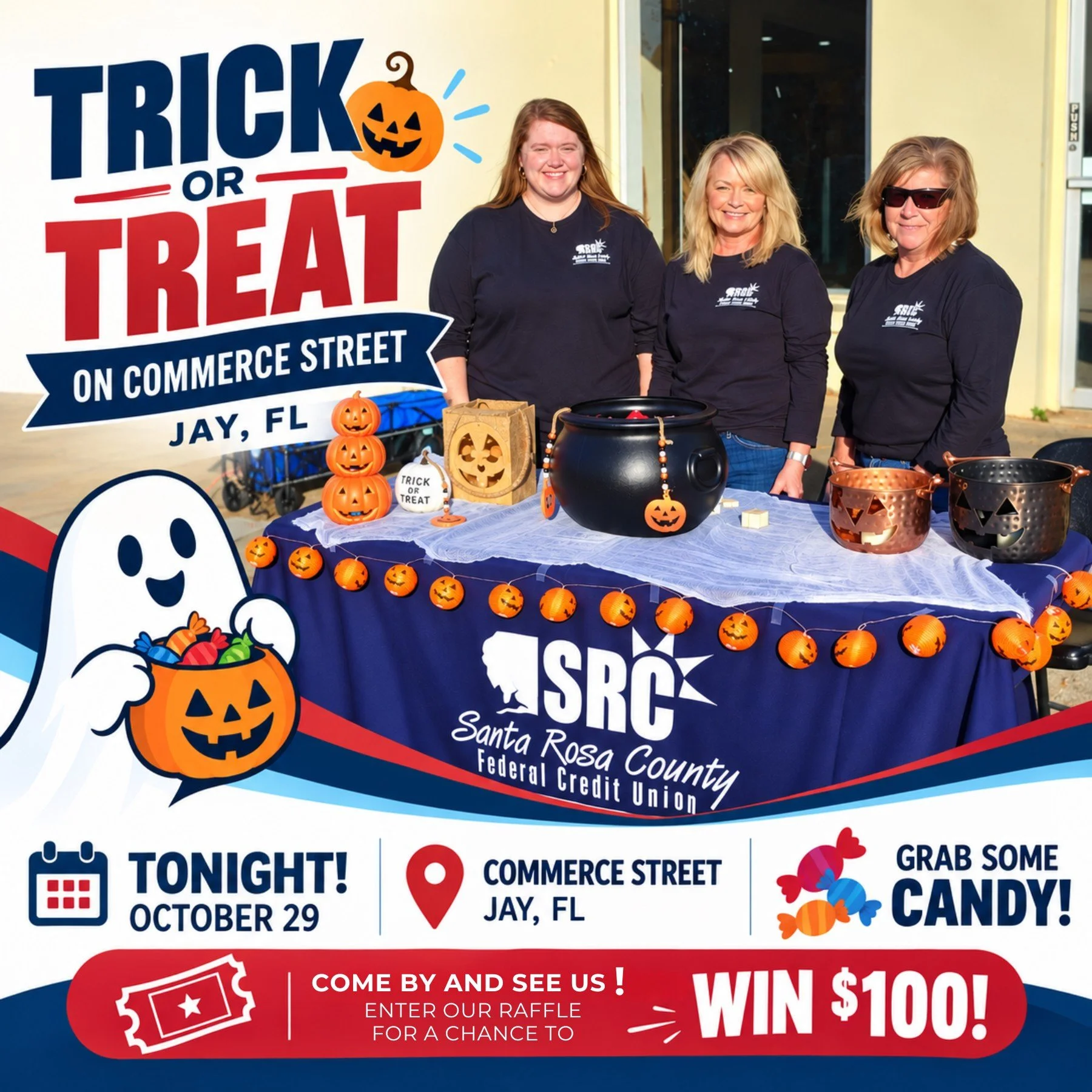 🎃🍬 TRICK OR TREAT ON COMMERCE STREET IS TONIGHT! 👻

Hey, Jay! We're ready for some Halloween fun! 🧡

Stop by and see our SRCFCU Jay branch team tonight, October 29, at Trick or Treat on Commerce Street!

🍭 Grab some candy!
🎟️ Enter our raffle f