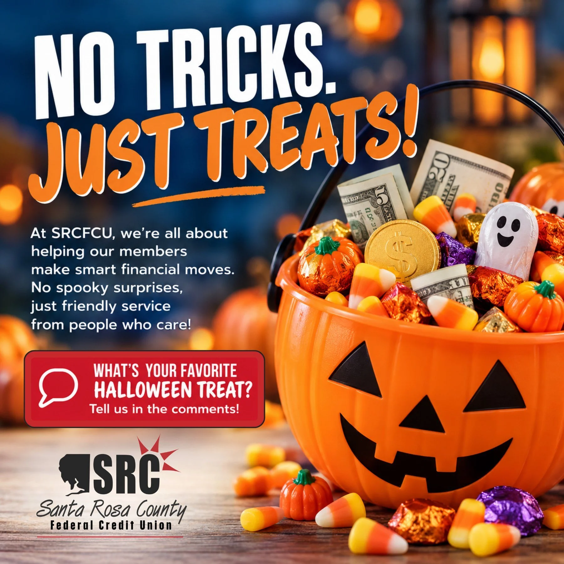 🎃 No tricks here, just treats!

At SRCFCU, we're all about helping our members make smart financial moves. And when it comes to service, there are no spooky surprises here! 👻 No AI voicebots, no remote call centers. Just real, local people who know