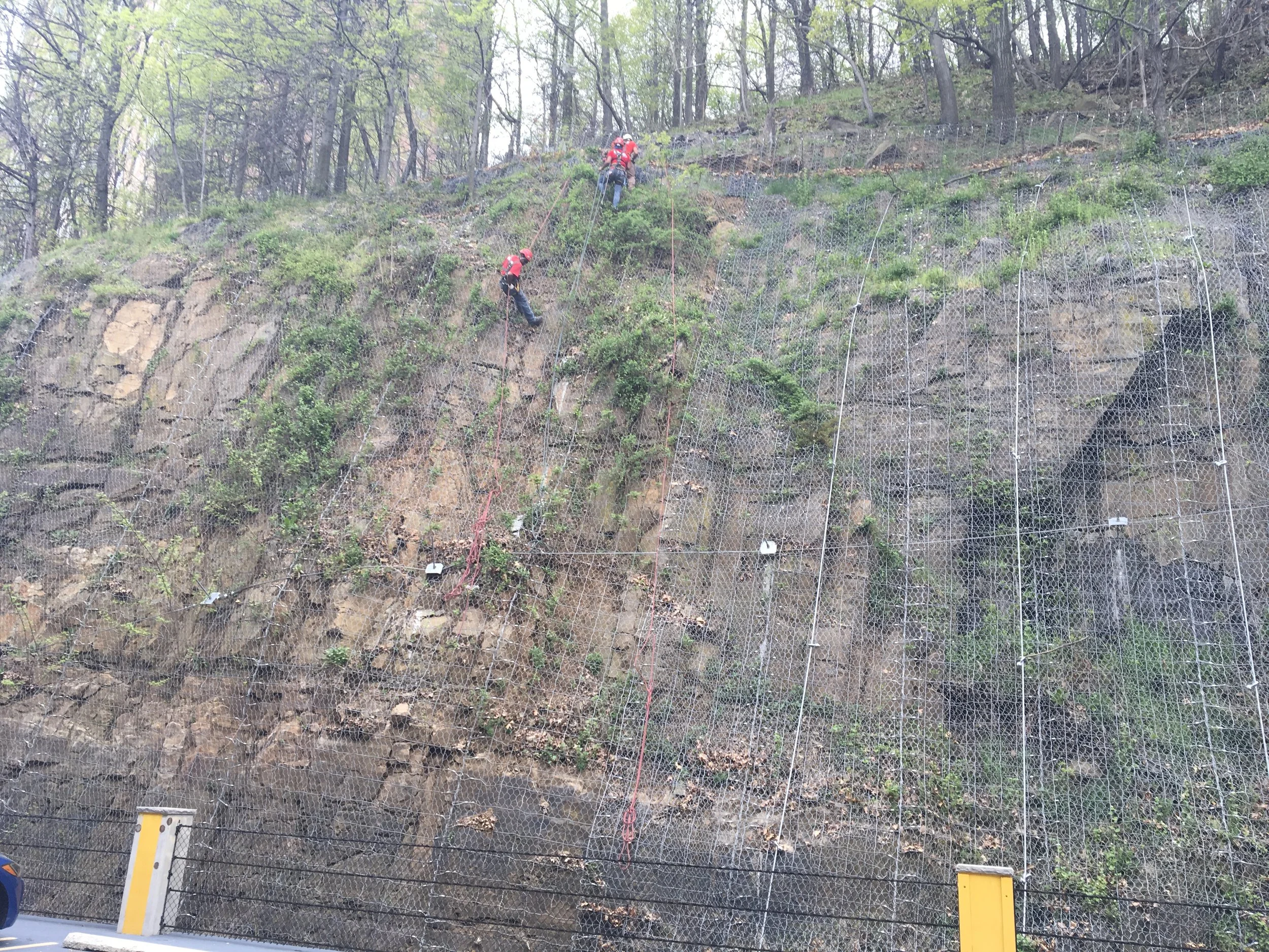 Workers installing or maintaining safety netting on a rocky hillside in a wooded area.