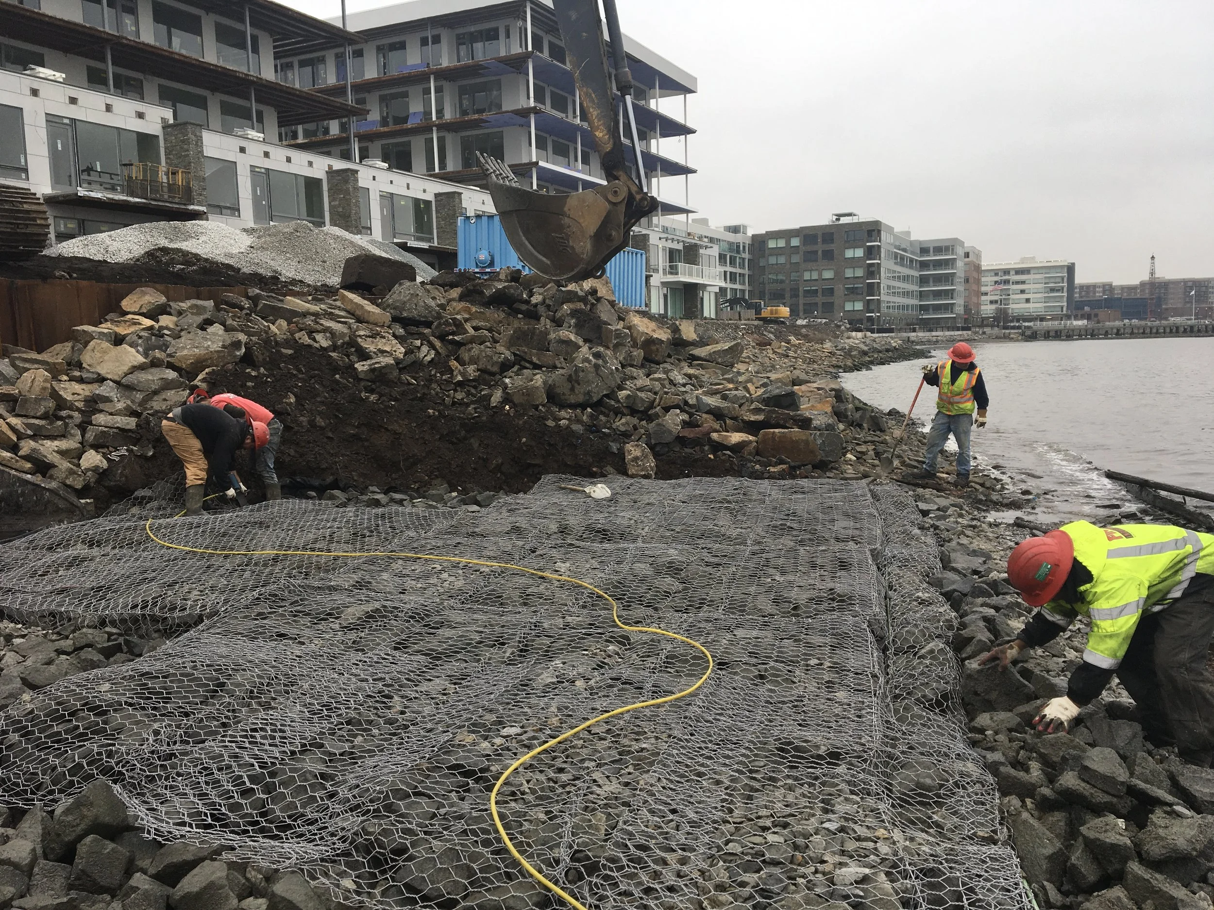 Construction workers installing a wire mesh reinforcement along a rocky shoreline near water, with buildings and construction equipment in the background.