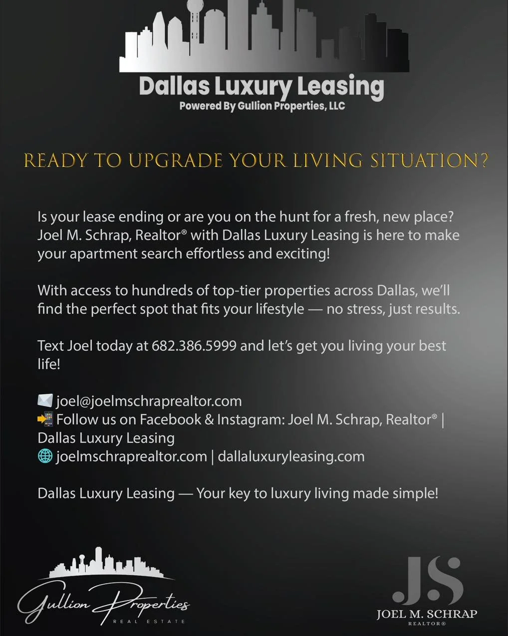 🚀 Boost Your Employee Benefits with Dallas Luxury Leasing! 🚀�Is your lease ending or are your employees looking for a luxurious new home? Partner with Joel M. Schrap, Realtor&reg; from Dallas Luxury Leasing, powered by Gullion Properties, LLC, to m