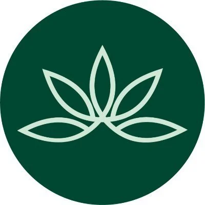 Logo with a white stylized plant or leaf design inside a dark green circle.