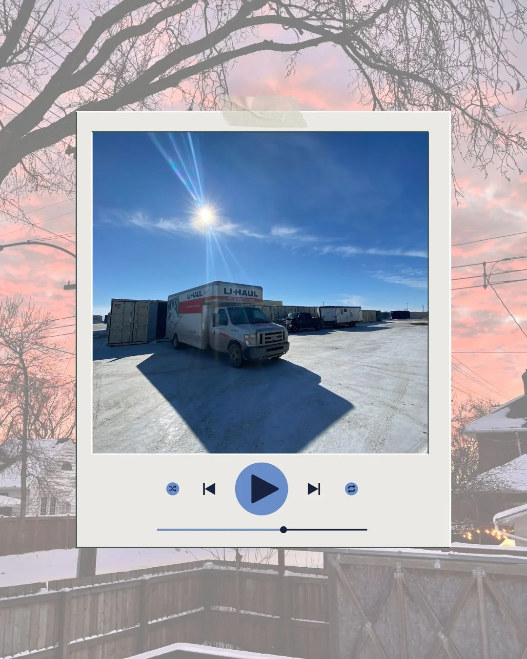 A picture of a moving truck in an icy parking lot on a bright sunny day, inside a Polaroid with a play button. In the background is a pink sunset.