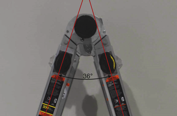 A step ladder with black rubber feet and warning stickers, viewed from the front, with red lines indicating a 36-degree angle.