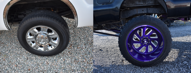 Comparison of two vehicle wheels: the left wheel has a standard silver rim, and the right wheel has a purple rim, both on off-road tires.