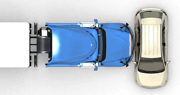 Illustration of a blue tractor-trailer colliding with the side of a silver minivan in a traffic accident